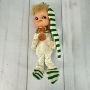 Vintage Rubber Face Pixie Elf Christmas Ornament Japan White Green 5"